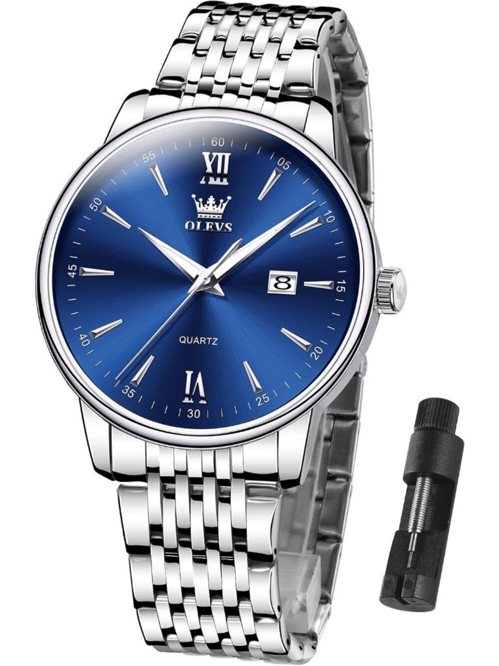 Mens Silver Blue Big Dial Analog Quartz Stainless Steel Relojes Waterproof Watch